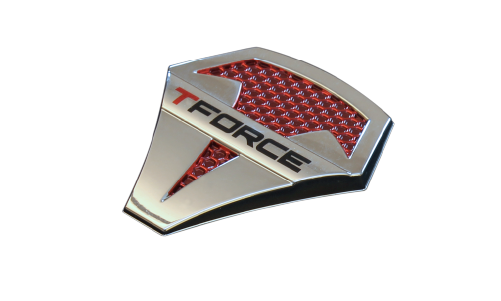 Tesla logo made with Kromex® MP machine to make 3D emblems