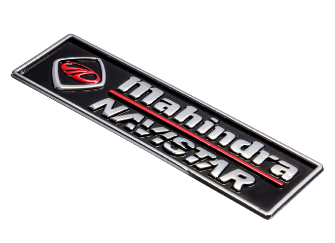 Emblem made with Kromex® with different finishes and thicknesses. Colors: black, red and chrome