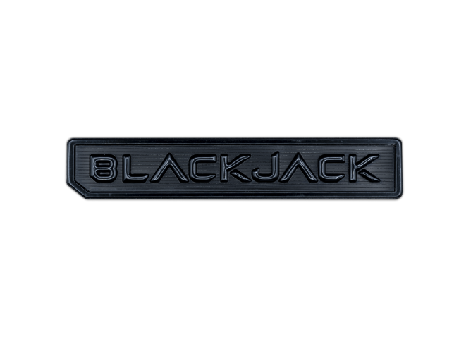 Total black emblem made with Kromex® in different textures "BlackJack" written in relief
