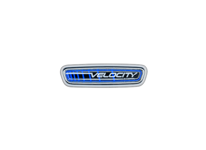 Velocity emblem in black, blue and chrome made with Kromex®