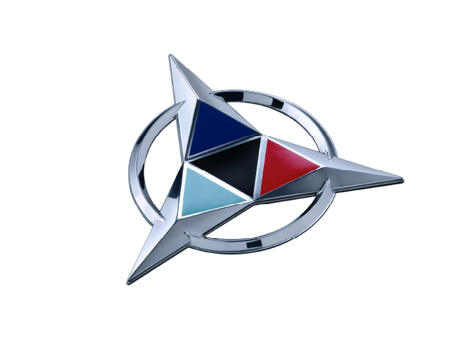 Kromex® triangular emblem made with different color finishings, Blue , black, red, light blue